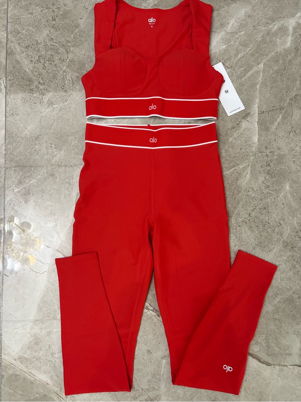 ALO Yoga Red High-Waist Leggings and Crop Top with White Trim